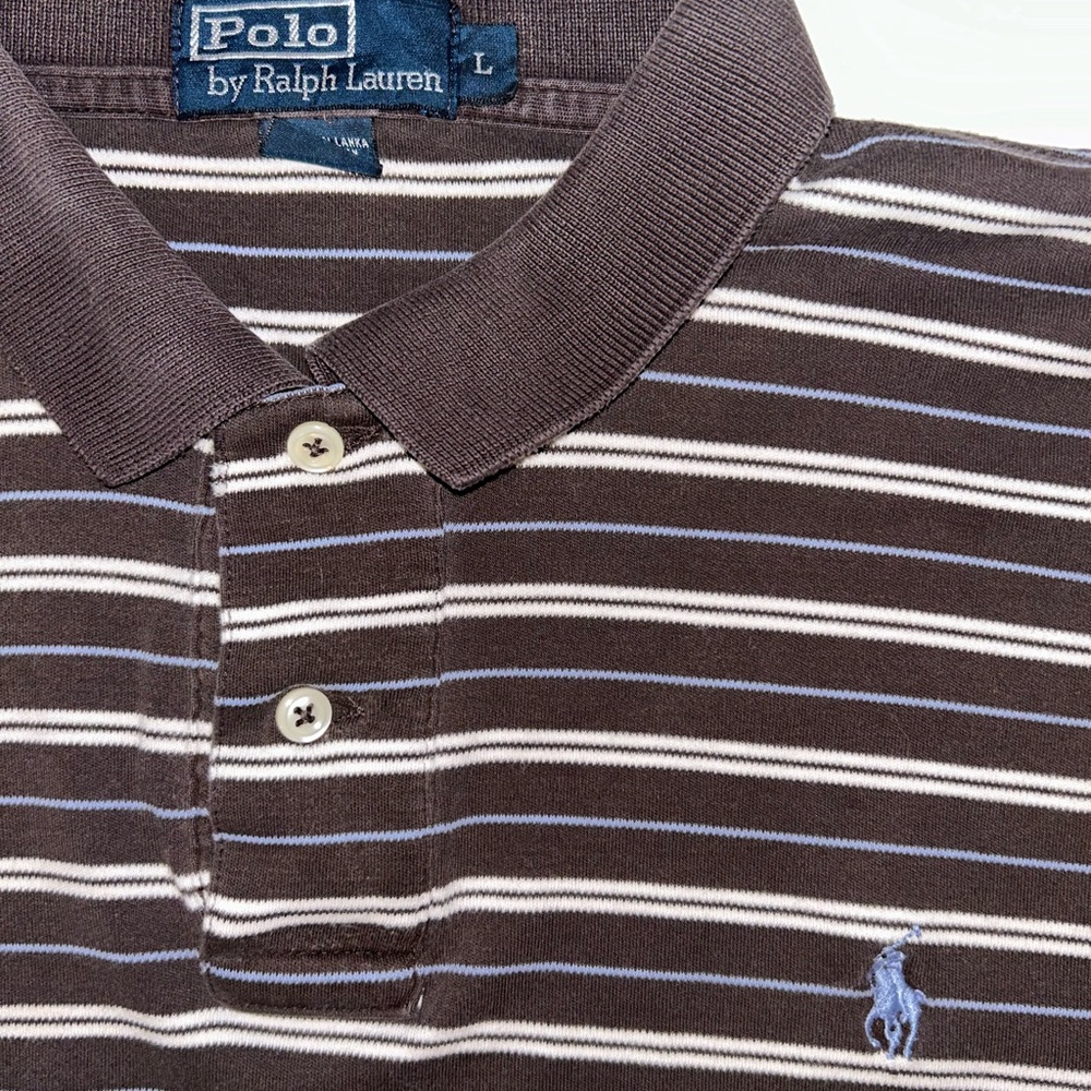 Polo Ralph Lauren‎ VINTAGE brown white blue stripe short sleeve polo size Large - Picture 4 of 11